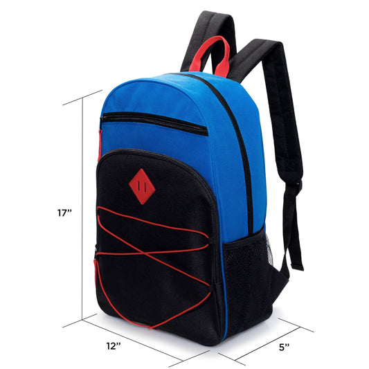 12 Wholesale 17' Bungee Rucksäcke mit Side Pockets & 12 Bulk School Supply Kits Ihrer Wahl