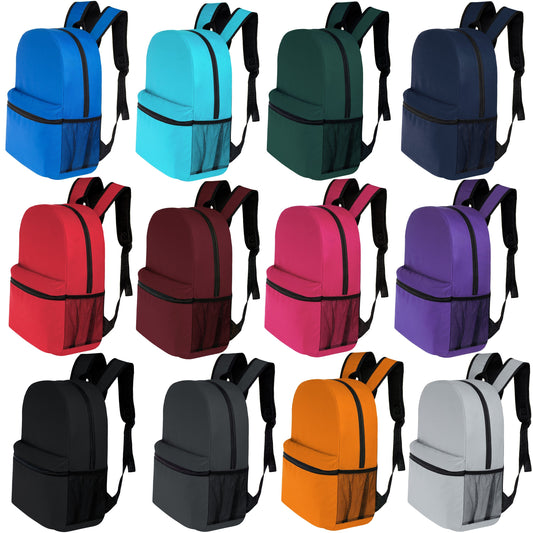 12 Basic 17 'Rucksäcke in 12 Farben mit einer Seitentasche und Ihrer Wahl von 12 Bulk Hygiene Kits - Wholesale PFLEGE Package: Obdachlos, Notfall, Wohltätigkeit