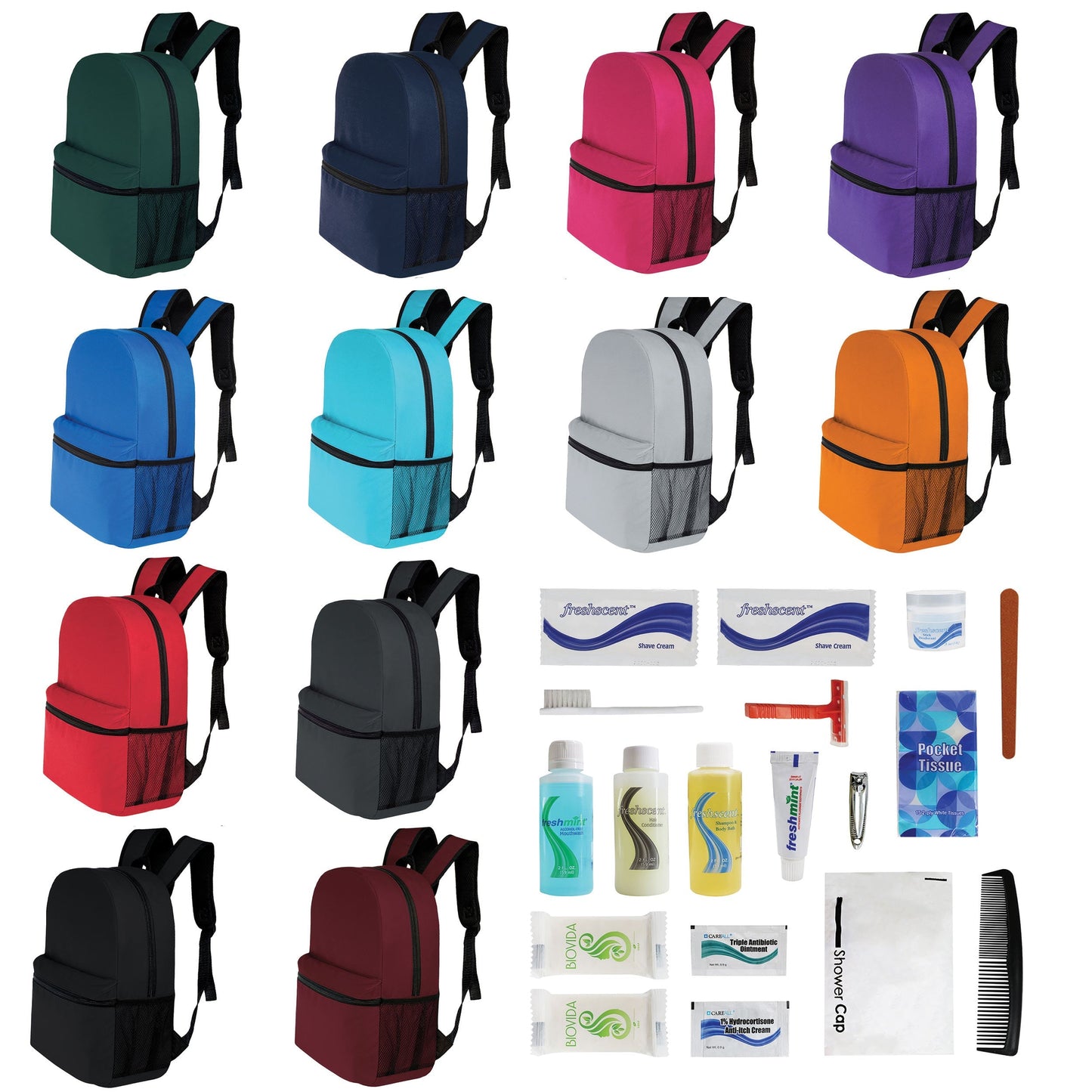 12 Basic 17 'Rucksäcke in 12 Farben mit einer Seitentasche und Ihrer Wahl von 12 Bulk Hygiene Kits - Wholesale PFLEGE Package: Obdachlos, Notfall, Wohltätigkeit