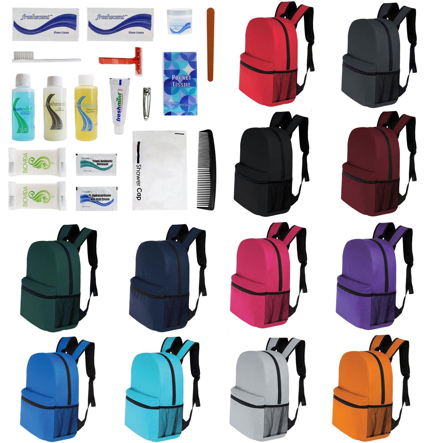12 Basic 16 'Rucksäcke in 12 Farben mit einer Seitentasche und Ihrer Wahl von 12 Bulk Hygiene Kits - Wholesale PFLEGE Package: Obdachlos, Notfall, Wohltätigkeit