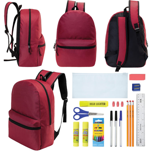 12 Wholesale 17 'Basic Rucksäcke in Burgund & 12 Bulk School Supply Kits Ihrer Wahl