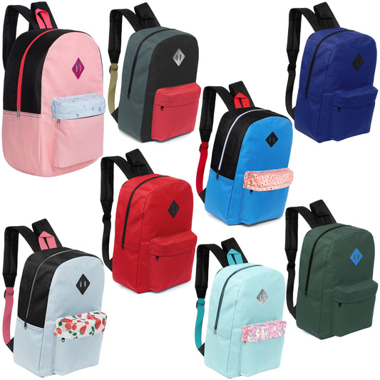 12 Wholesale 17 'Paded Rucksäcke in zufälligen Drucken & 12 Bulk School Supply Kits Ihrer Wahl