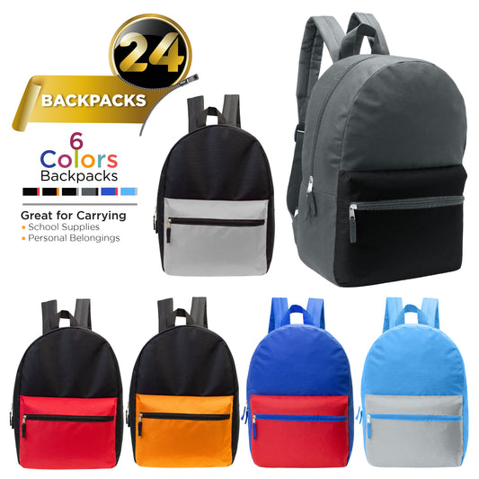 17' Boys Basic Wholesale Rucksack in 6 Zwei-Ton-Farbkombinationen - Bulk Case von 24 Rucksäcken
