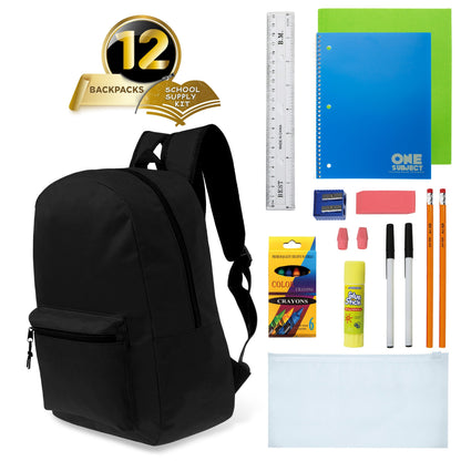 12 Großhandels 15 'Klassische Rucksäcke in Schwarz & 12 Bulk School Supply Kits Ihrer Wahl