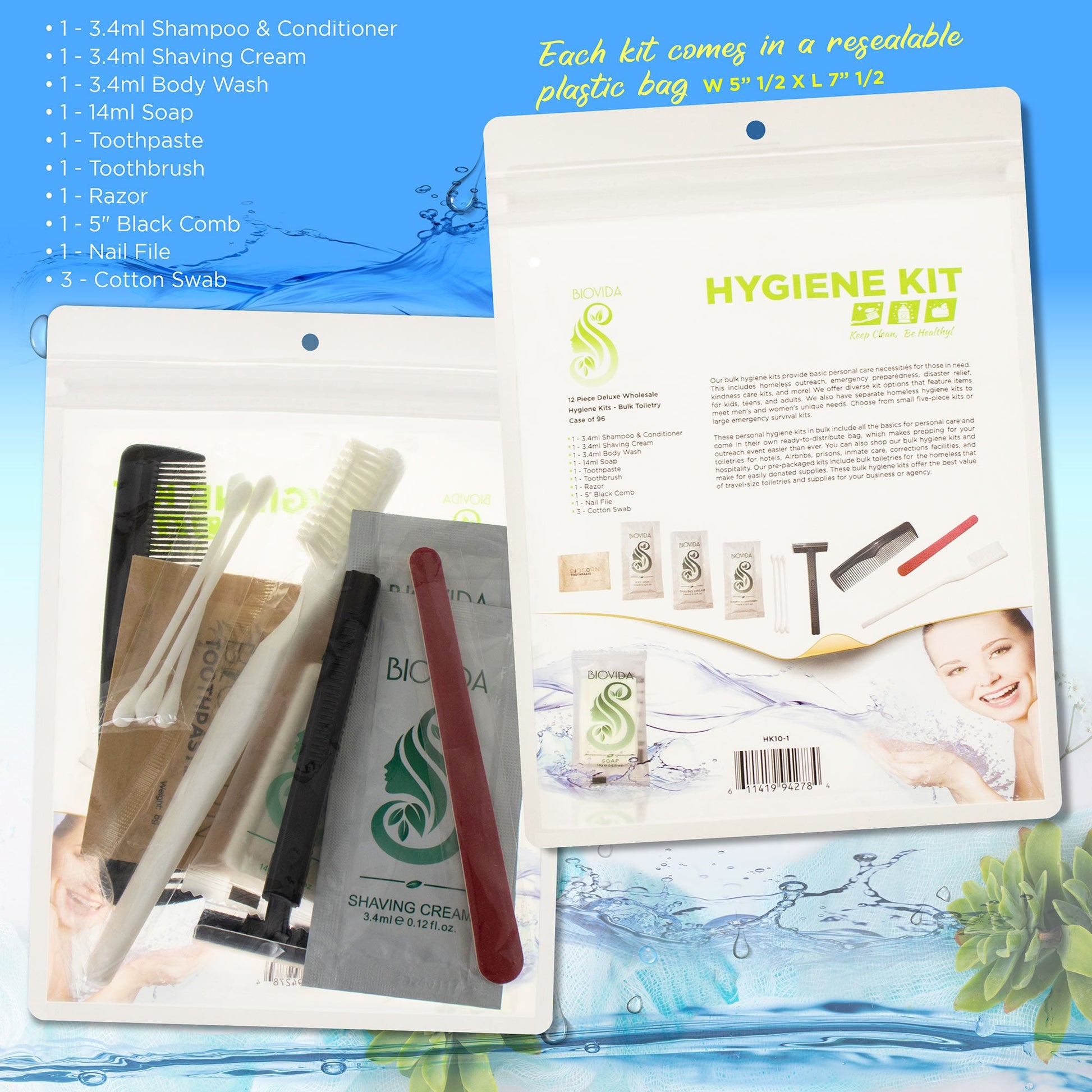12 Stück Deluxe Wholesale Hygiene Kits - Bulk Toiletries - Fall von 96 - Marke Biovida