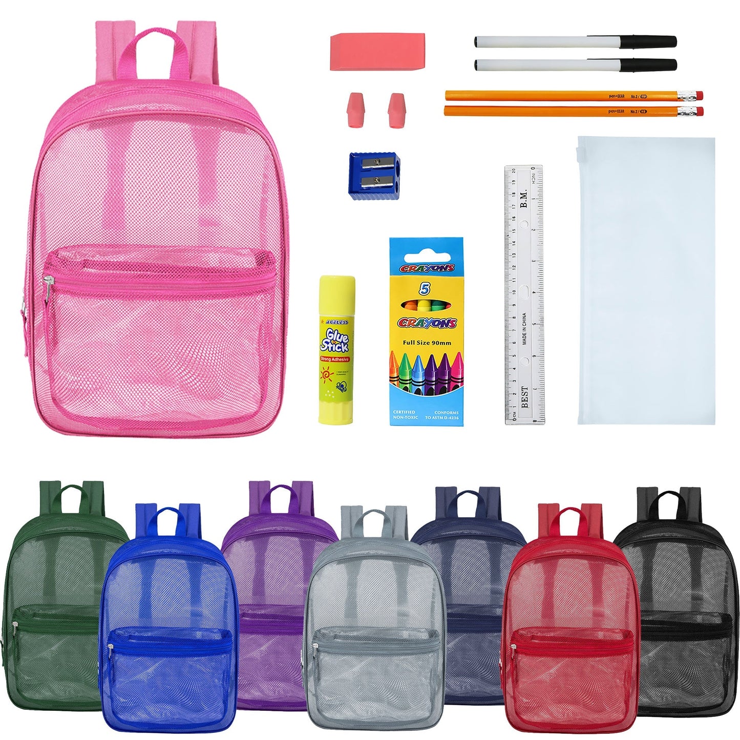 12 Wholesale 17 'Mesh Rucksäcke in verschiedenen Farben & 12 Bulk School Supply Kits Ihrer Wahl