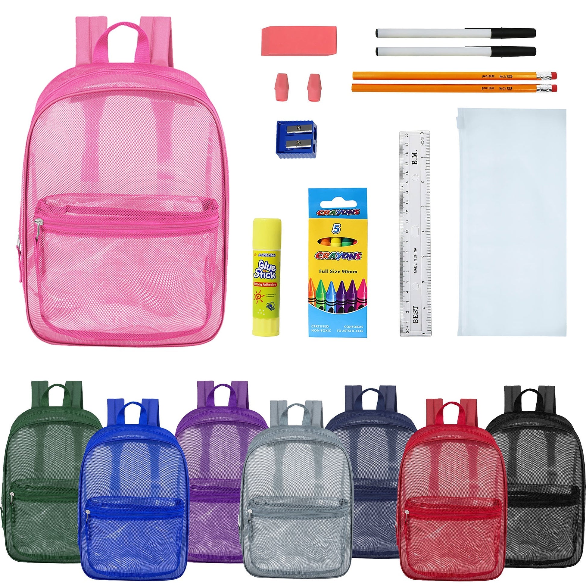 12 Wholesale 17 'Mesh Rucksäcke in verschiedenen Farben & 12 Bulk School Supply Kits Ihrer Wahl