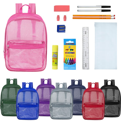 12 Wholesale 17 'Mesh Rucksäcke in verschiedenen Farben & 12 Bulk School Supply Kits Ihrer Wahl