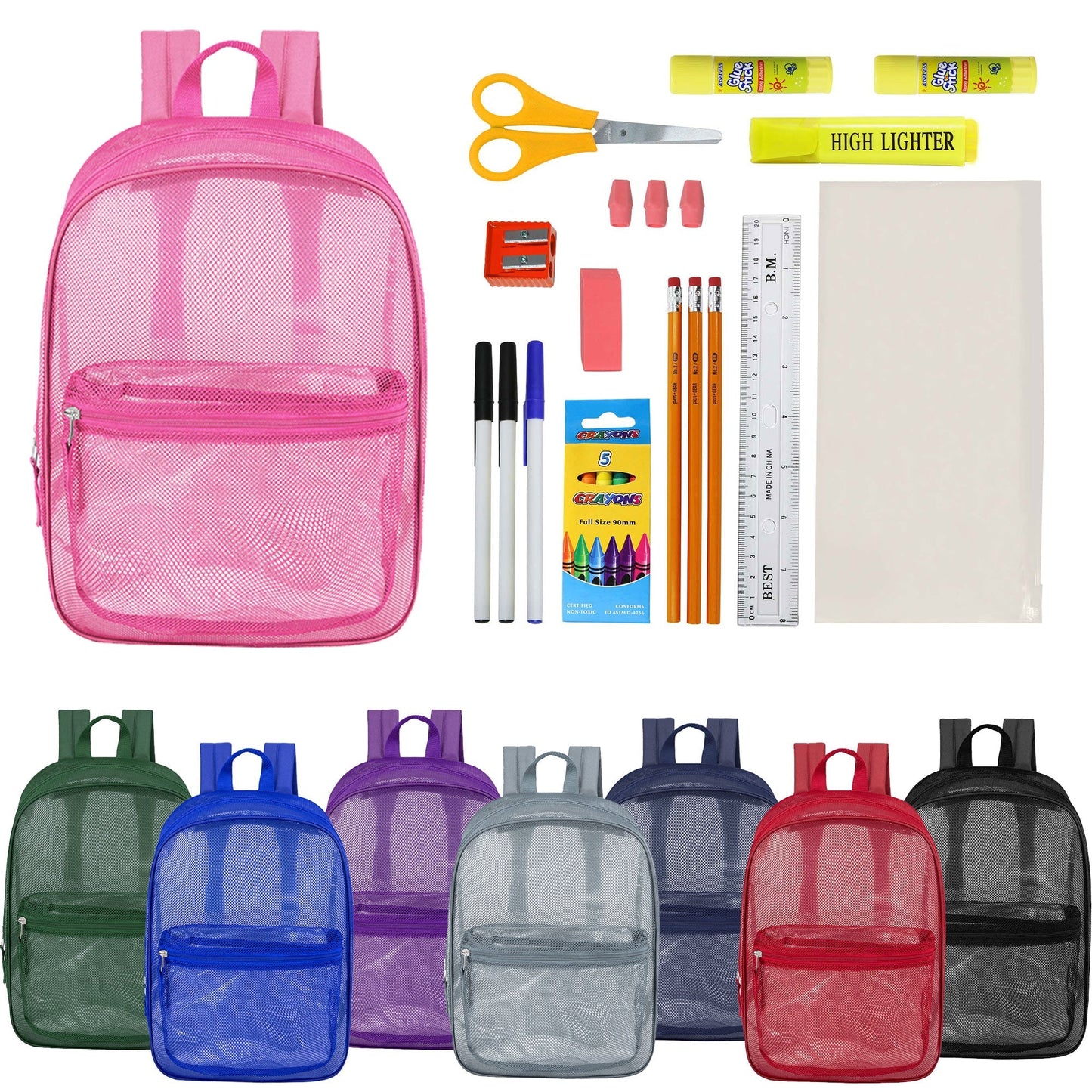 12 Wholesale 17 'Mesh Rucksäcke in verschiedenen Farben & 12 Bulk School Supply Kits Ihrer Wahl