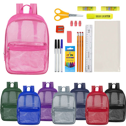 12 Wholesale 17 'Mesh Rucksäcke in verschiedenen Farben & 12 Bulk School Supply Kits Ihrer Wahl