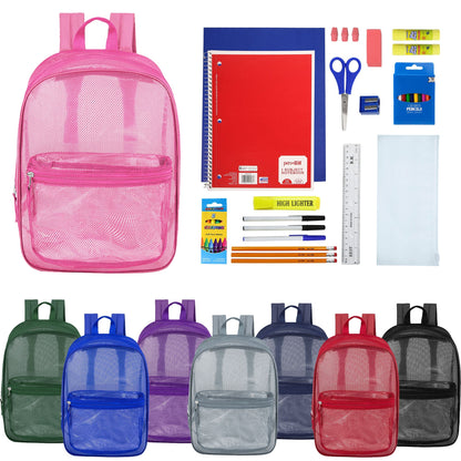 12 Wholesale 17 'Mesh Rucksäcke in verschiedenen Farben & 12 Bulk School Supply Kits Ihrer Wahl