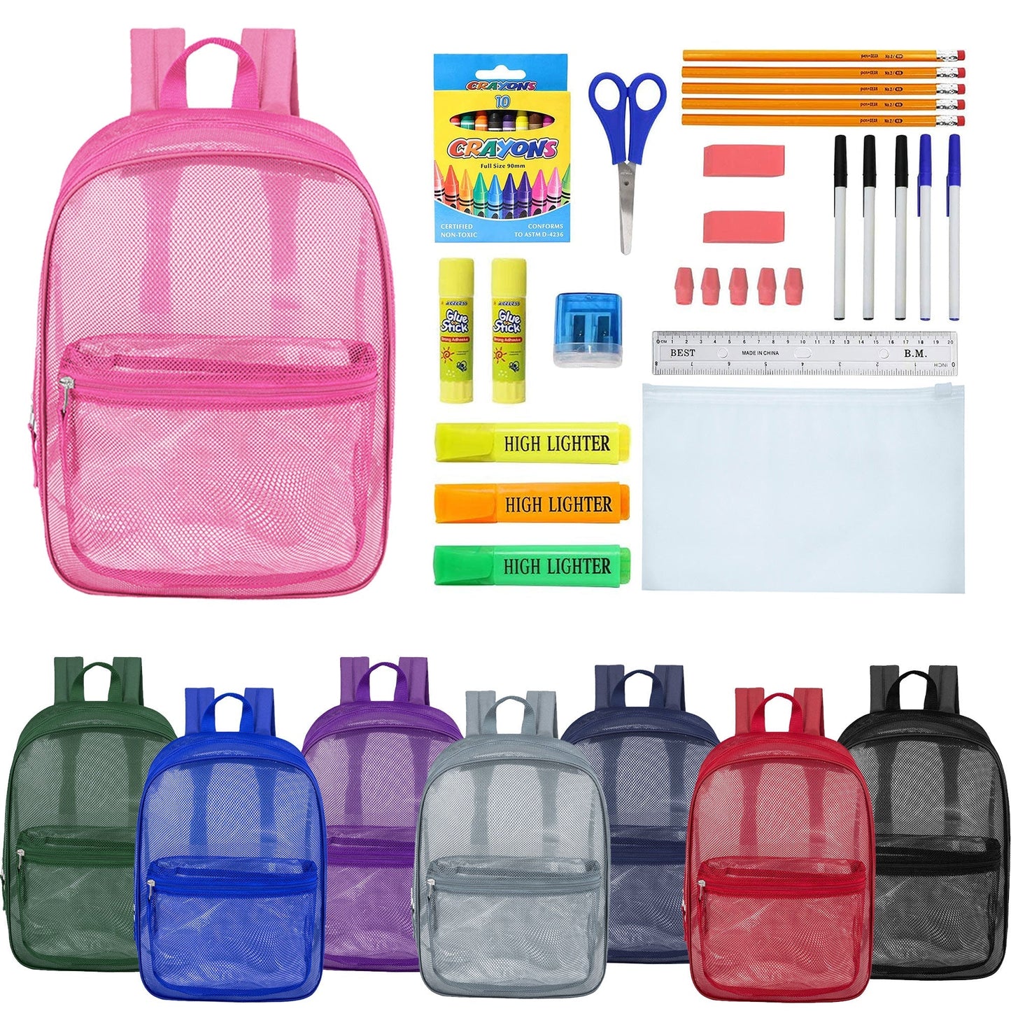 12 Wholesale 17 'Mesh Rucksäcke in verschiedenen Farben & 12 Bulk School Supply Kits Ihrer Wahl