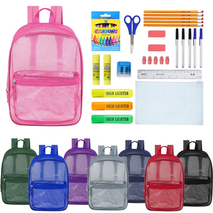 12 Wholesale 17 'Mesh Rucksäcke in verschiedenen Farben & 12 Bulk School Supply Kits Ihrer Wahl