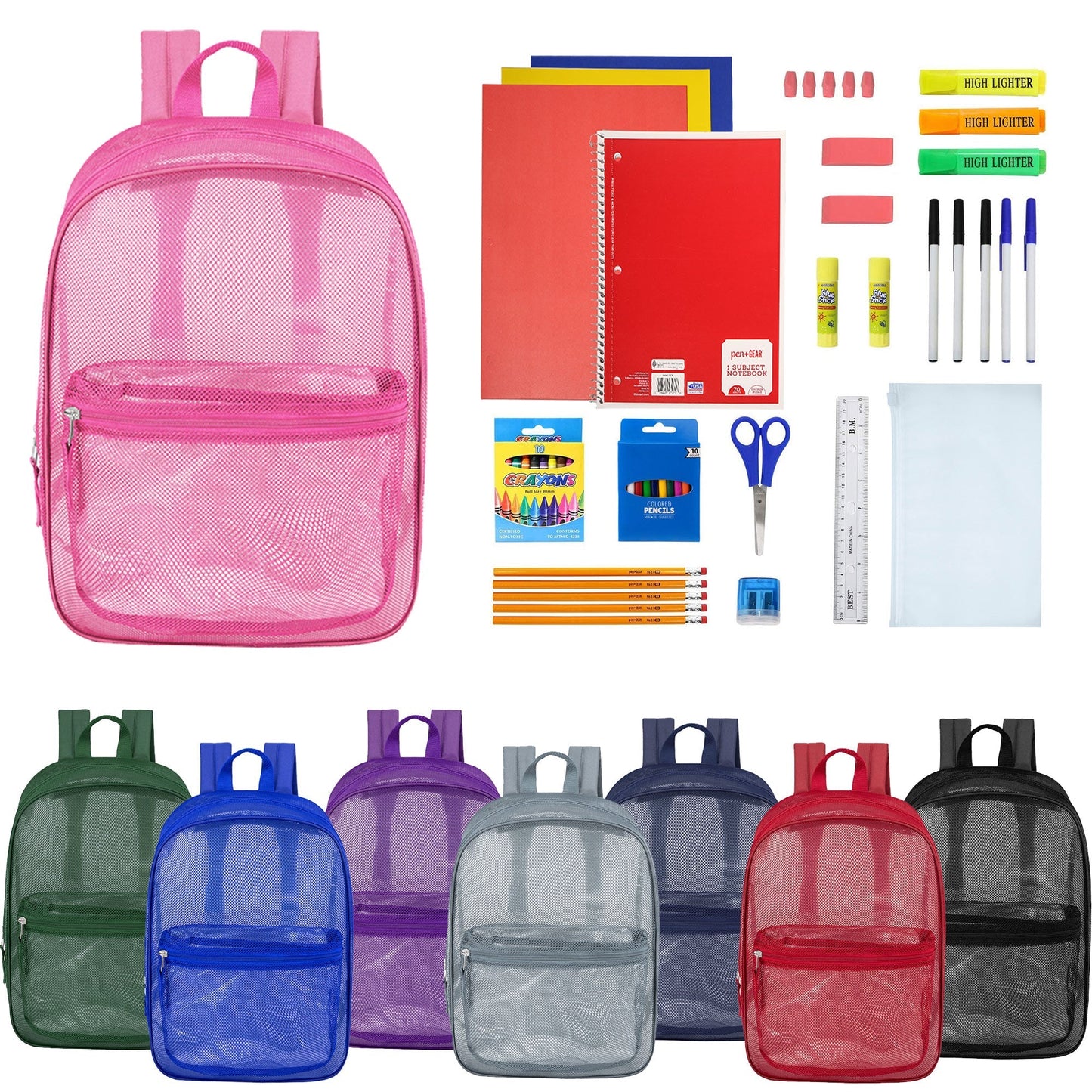 12 Wholesale 17 'Mesh Rucksäcke in verschiedenen Farben & 12 Bulk School Supply Kits Ihrer Wahl