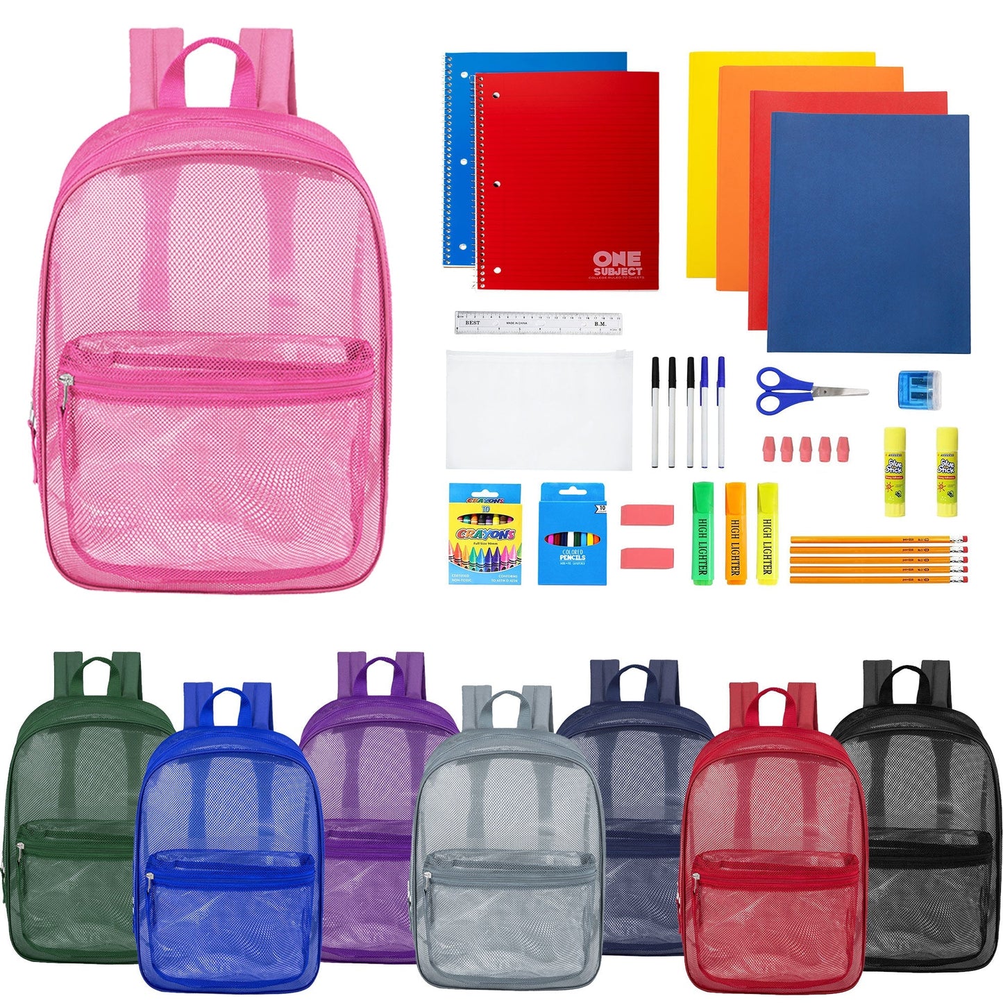 12 Wholesale 17 'Mesh Rucksäcke in verschiedenen Farben & 12 Bulk School Supply Kits Ihrer Wahl