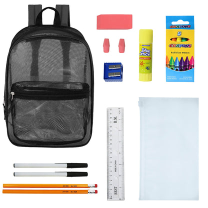 12 Wholesale 17 'Mesh Rucksäcke in Schwarz & 12 Bulk School Supply Kits Ihrer Wahl