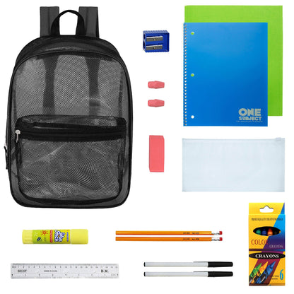 12 Wholesale 17 'Mesh Rucksäcke in Schwarz & 12 Bulk School Supply Kits Ihrer Wahl