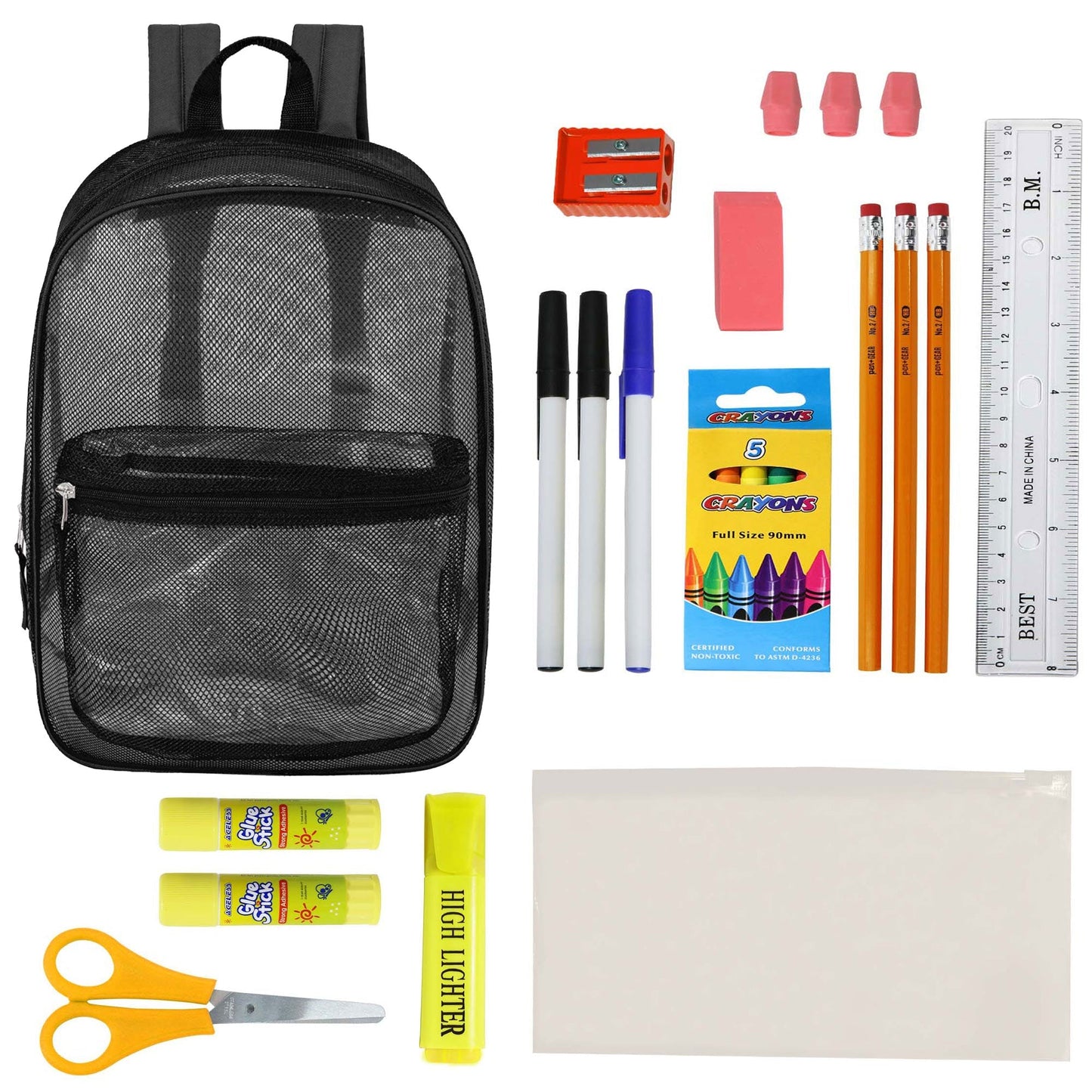 12 Wholesale 17 'Mesh Rucksäcke in Schwarz & 12 Bulk School Supply Kits Ihrer Wahl