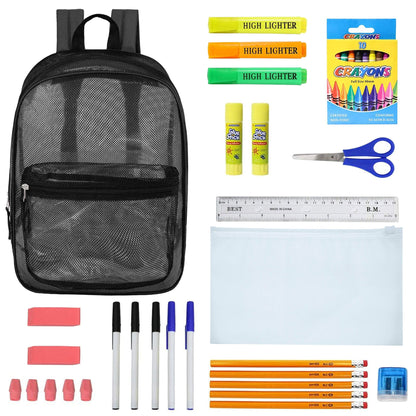 12 Wholesale 17 'Mesh Rucksäcke in Schwarz & 12 Bulk School Supply Kits Ihrer Wahl