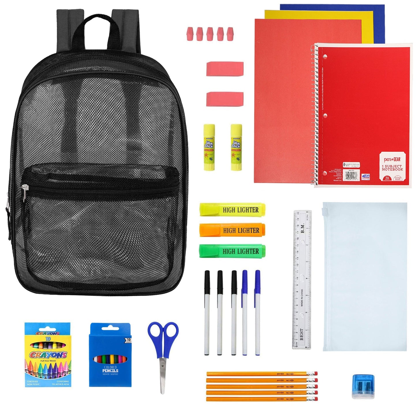 12 Wholesale 17 'Mesh Rucksäcke in Schwarz & 12 Bulk School Supply Kits Ihrer Wahl