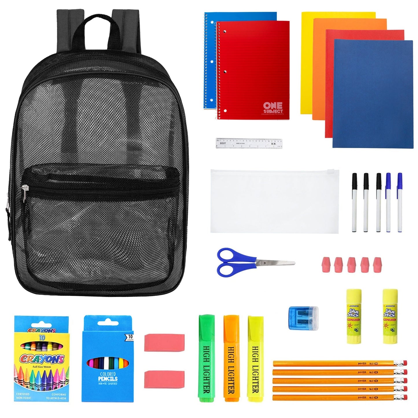 12 Wholesale 17 'Mesh Rucksäcke in Schwarz & 12 Bulk School Supply Kits Ihrer Wahl