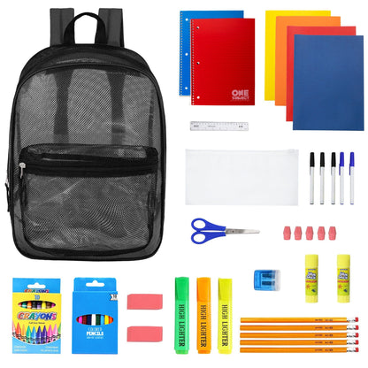 12 Wholesale 17 'Mesh Rucksäcke in Schwarz & 12 Bulk School Supply Kits Ihrer Wahl