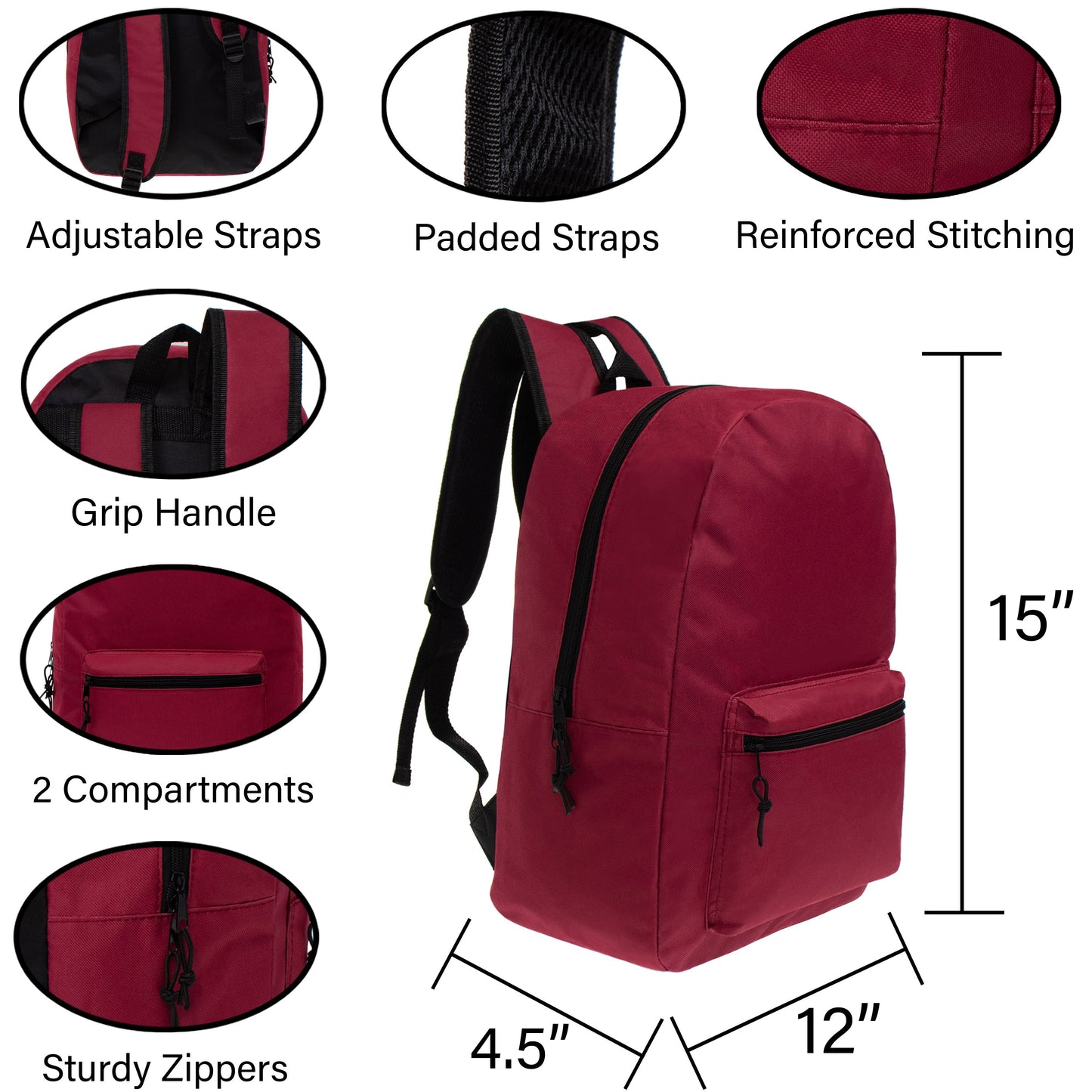 15 'Grundschule Kinder Basic Wholesale Rucksack in 8 Farben - Bulk Case von 24