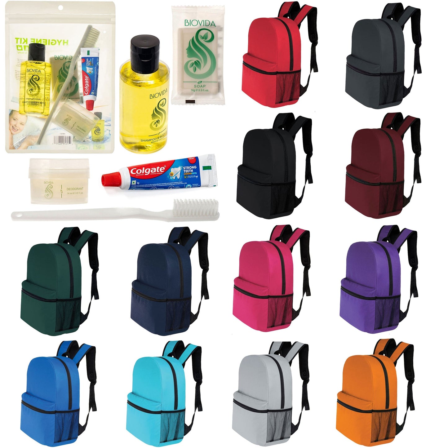 12 Basic 16 'Rucksäcke in 12 Farben mit einer Seitentasche und Ihrer Wahl von 12 Bulk Hygiene Kits - Wholesale PFLEGE Package: Obdachlos, Notfall, Wohltätigkeit