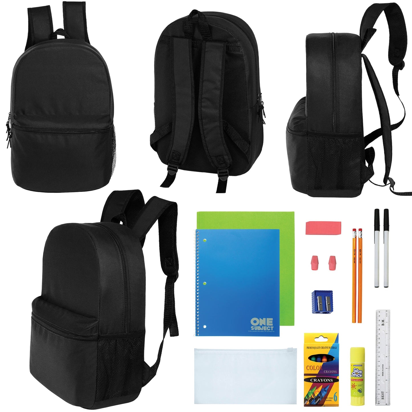 12 Wholesale Blank 18,5 'Rucksäcke in Schwarz & 12 Bulk School Supply Kits Ihrer Wahl