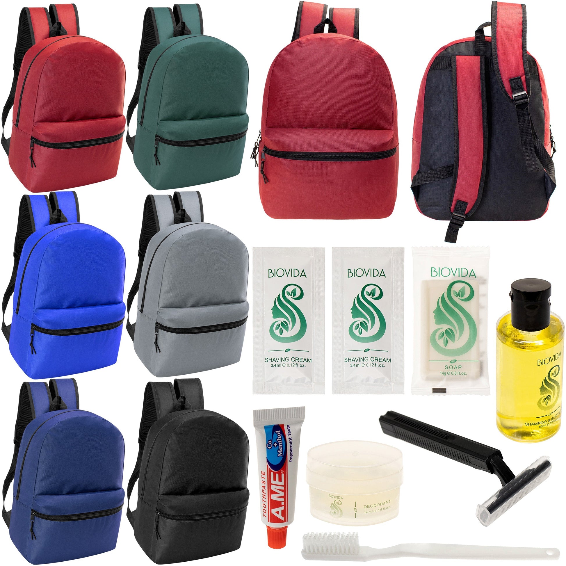 12 Basic 18,5 'Rucksäcke in 6 verschiedenen Farben & Ihre Wahl von 12 Bulk Hygiene Kits - Wholesale PFLEGE Package: Obdachlos, Notfall, Wohltätigkeit