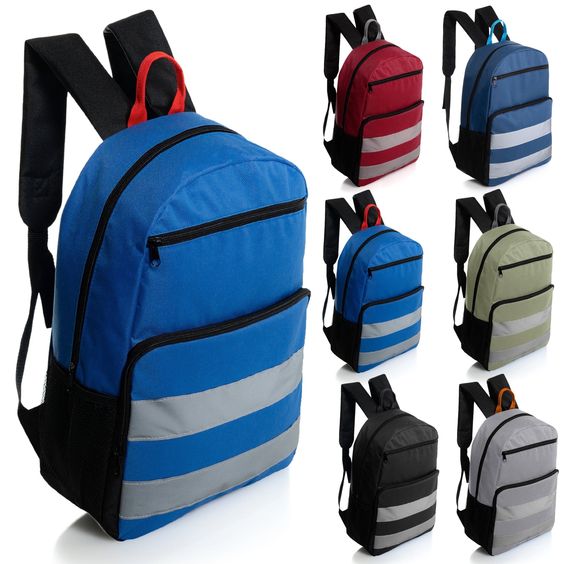17' Wholesale Rucksack mit reflektierenden Streifen in 6 Farben - 2 Seitentaschen - Bulk Case von 24 Bookbags