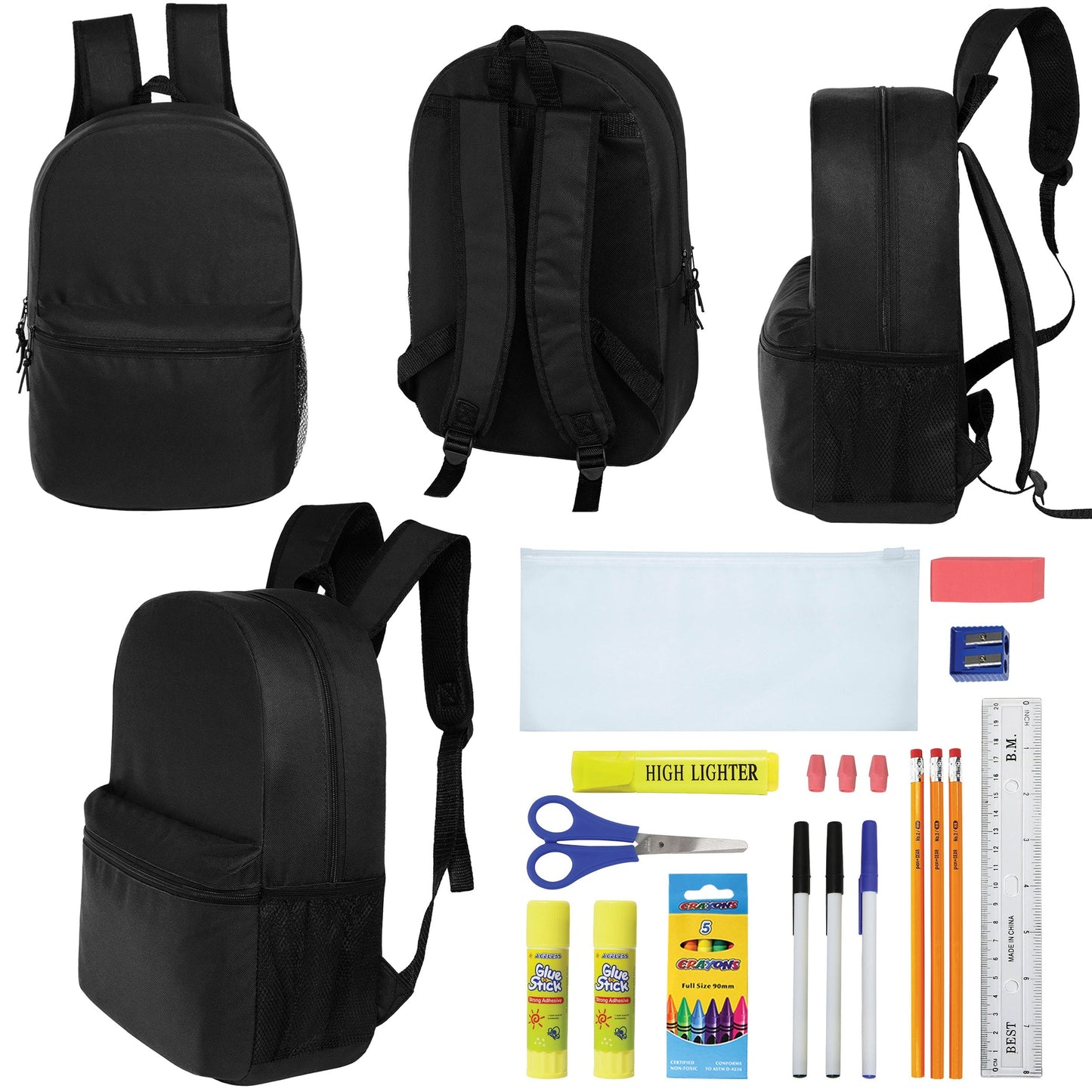 12 Wholesale Blank 18,5 'Rucksäcke in Schwarz & 12 Bulk School Supply Kits Ihrer Wahl