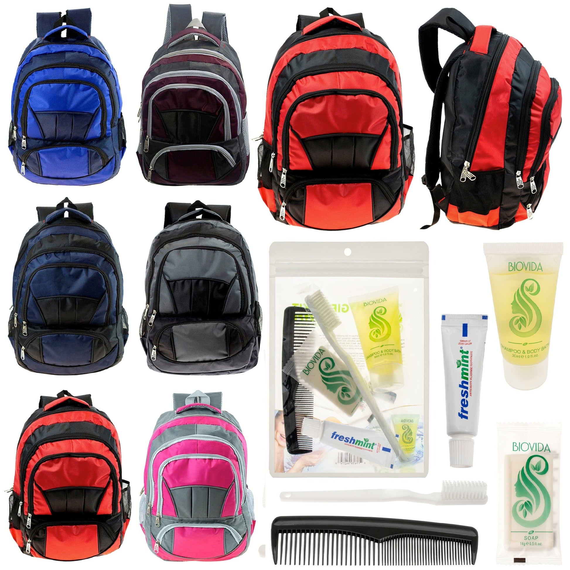 12 Premium 16 'Voll gepolsterte Rucksäcke & Ihre Wahl von 12 Bulk Hygiene Kits - Wholesale PFLEGE Package: Obdachlos, Notfall, Wohltätigkeit