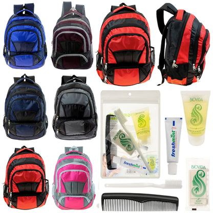 12 Premium 16 'Voll gepolsterte Rucksäcke & Ihre Wahl von 12 Bulk Hygiene Kits - Wholesale PFLEGE Package: Obdachlos, Notfall, Wohltätigkeit