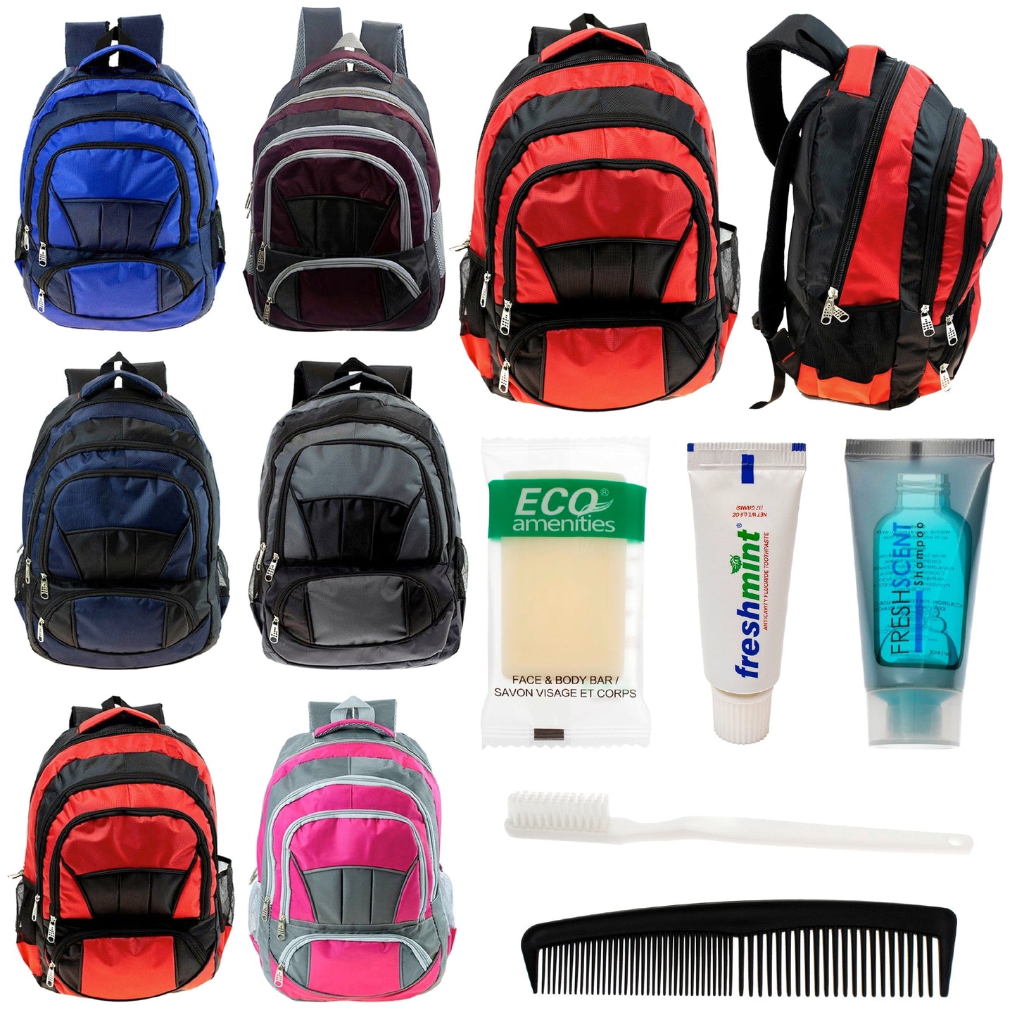 12 Premium 16 'Voll gepolsterte Rucksäcke & Ihre Wahl von 12 Bulk Hygiene Kits - Wholesale PFLEGE Package: Obdachlos, Notfall, Wohltätigkeit