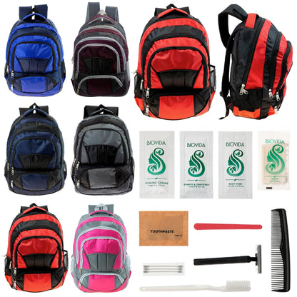 12 Premium 16 'Voll gepolsterte Rucksäcke & Ihre Wahl von 12 Bulk Hygiene Kits - Wholesale PFLEGE Package: Obdachlos, Notfall, Wohltätigkeit