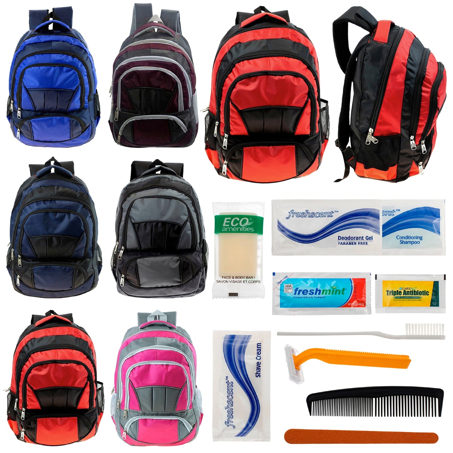 12 Premium 16 'Voll gepolsterte Rucksäcke & Ihre Wahl von 12 Bulk Hygiene Kits - Wholesale PFLEGE Package: Obdachlos, Notfall, Wohltätigkeit