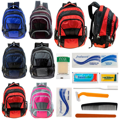 12 Premium 16 'Voll gepolsterte Rucksäcke & Ihre Wahl von 12 Bulk Hygiene Kits - Wholesale PFLEGE Package: Obdachlos, Notfall, Wohltätigkeit