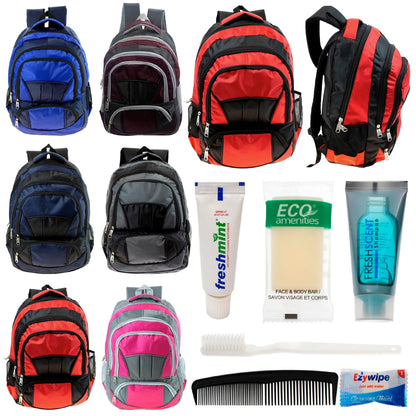 12 Premium 16 'Voll gepolsterte Rucksäcke & Ihre Wahl von 12 Bulk Hygiene Kits - Wholesale PFLEGE Package: Obdachlos, Notfall, Wohltätigkeit