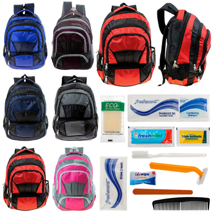 12 Premium 16 'Voll gepolsterte Rucksäcke & Ihre Wahl von 12 Bulk Hygiene Kits - Wholesale PFLEGE Package: Obdachlos, Notfall, Wohltätigkeit