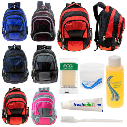 12 Premium 16 'Voll gepolsterte Rucksäcke & Ihre Wahl von 12 Bulk Hygiene Kits - Wholesale PFLEGE Package: Obdachlos, Notfall, Wohltätigkeit