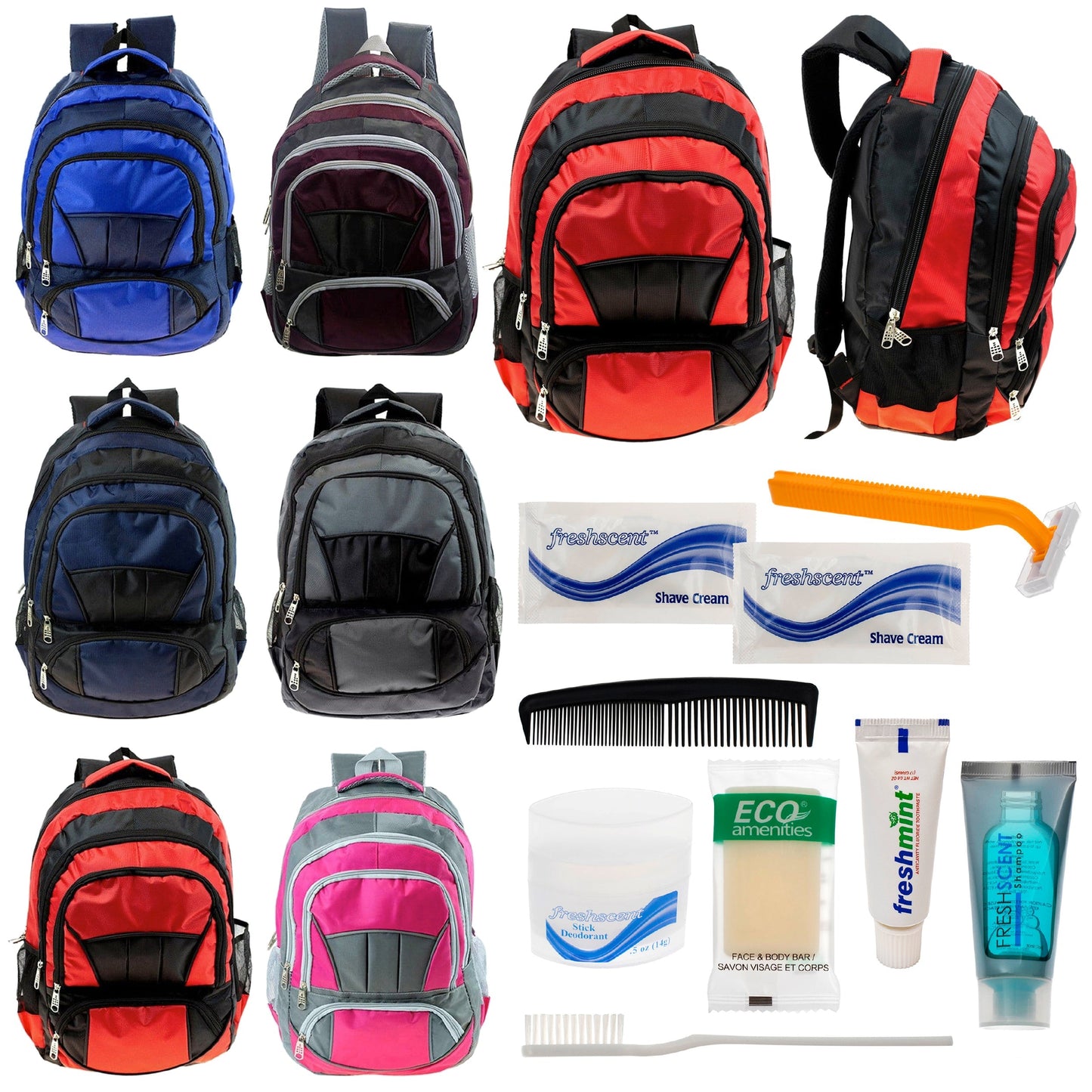 12 Premium 16 'Voll gepolsterte Rucksäcke & Ihre Wahl von 12 Bulk Hygiene Kits - Wholesale PFLEGE Package: Obdachlos, Notfall, Wohltätigkeit