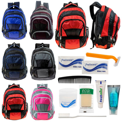 12 Premium 16 'Voll gepolsterte Rucksäcke & Ihre Wahl von 12 Bulk Hygiene Kits - Wholesale PFLEGE Package: Obdachlos, Notfall, Wohltätigkeit