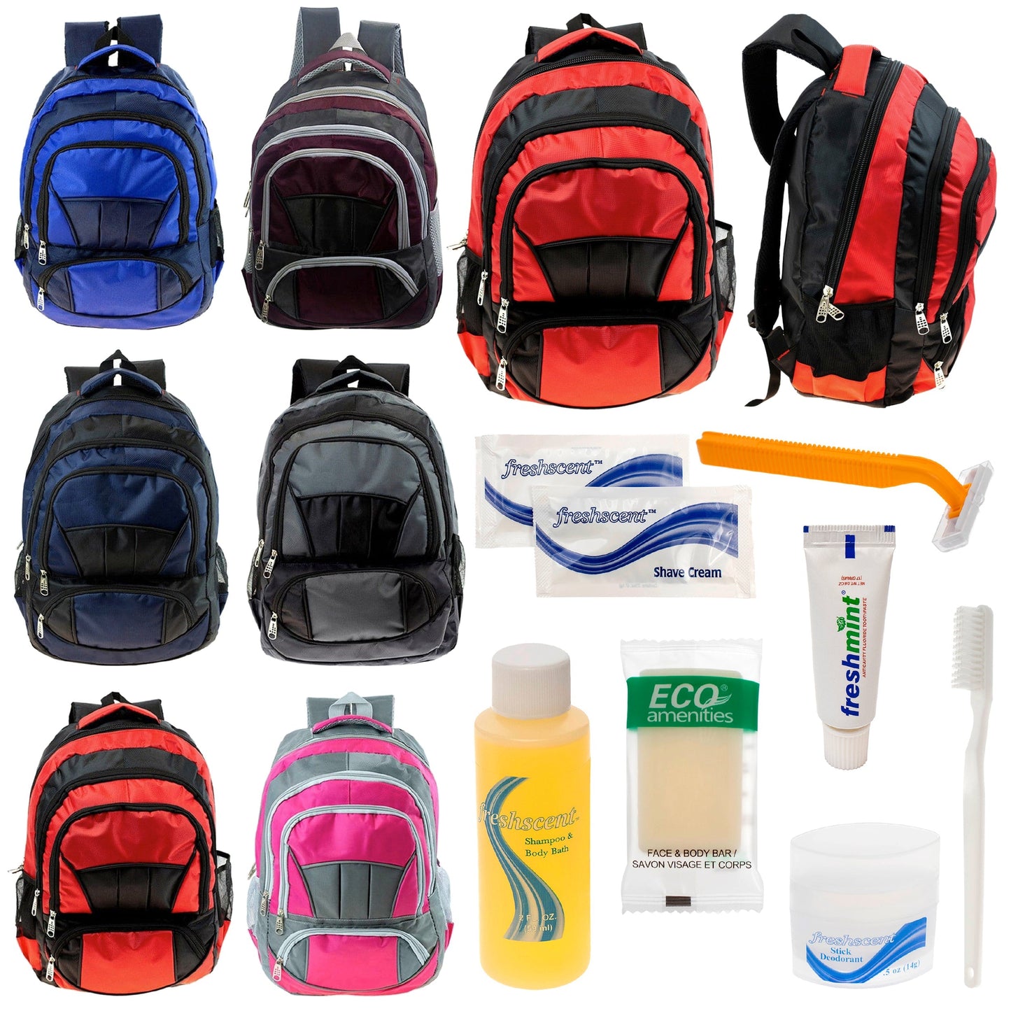 12 Premium 16 'Voll gepolsterte Rucksäcke & Ihre Wahl von 12 Bulk Hygiene Kits - Wholesale PFLEGE Package: Obdachlos, Notfall, Wohltätigkeit