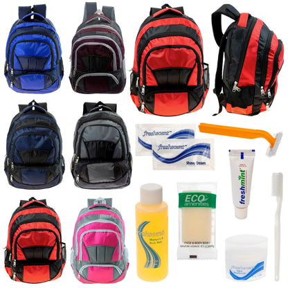 12 Premium 16 'Voll gepolsterte Rucksäcke & Ihre Wahl von 12 Bulk Hygiene Kits - Wholesale PFLEGE Package: Obdachlos, Notfall, Wohltätigkeit