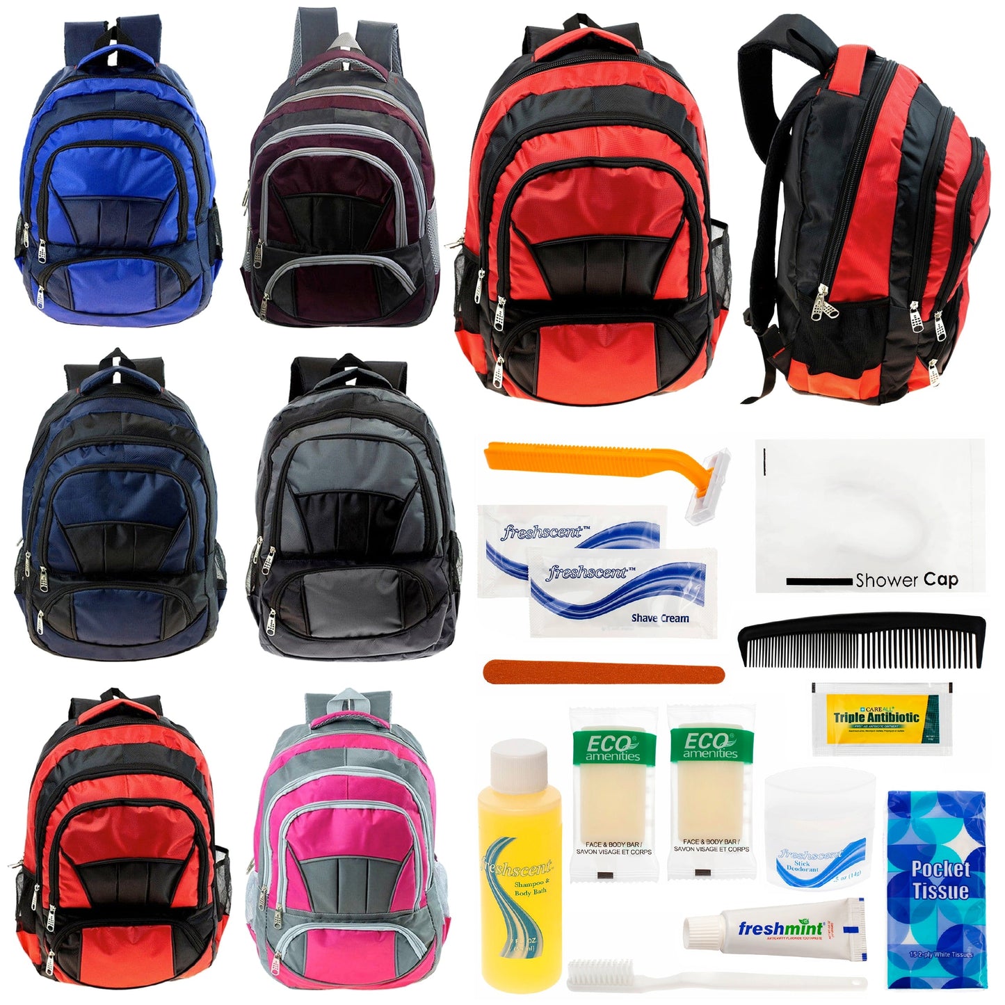 12 Premium 16 'Voll gepolsterte Rucksäcke & Ihre Wahl von 12 Bulk Hygiene Kits - Wholesale PFLEGE Package: Obdachlos, Notfall, Wohltätigkeit
