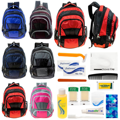 12 Premium 16 'Voll gepolsterte Rucksäcke & Ihre Wahl von 12 Bulk Hygiene Kits - Wholesale PFLEGE Package: Obdachlos, Notfall, Wohltätigkeit