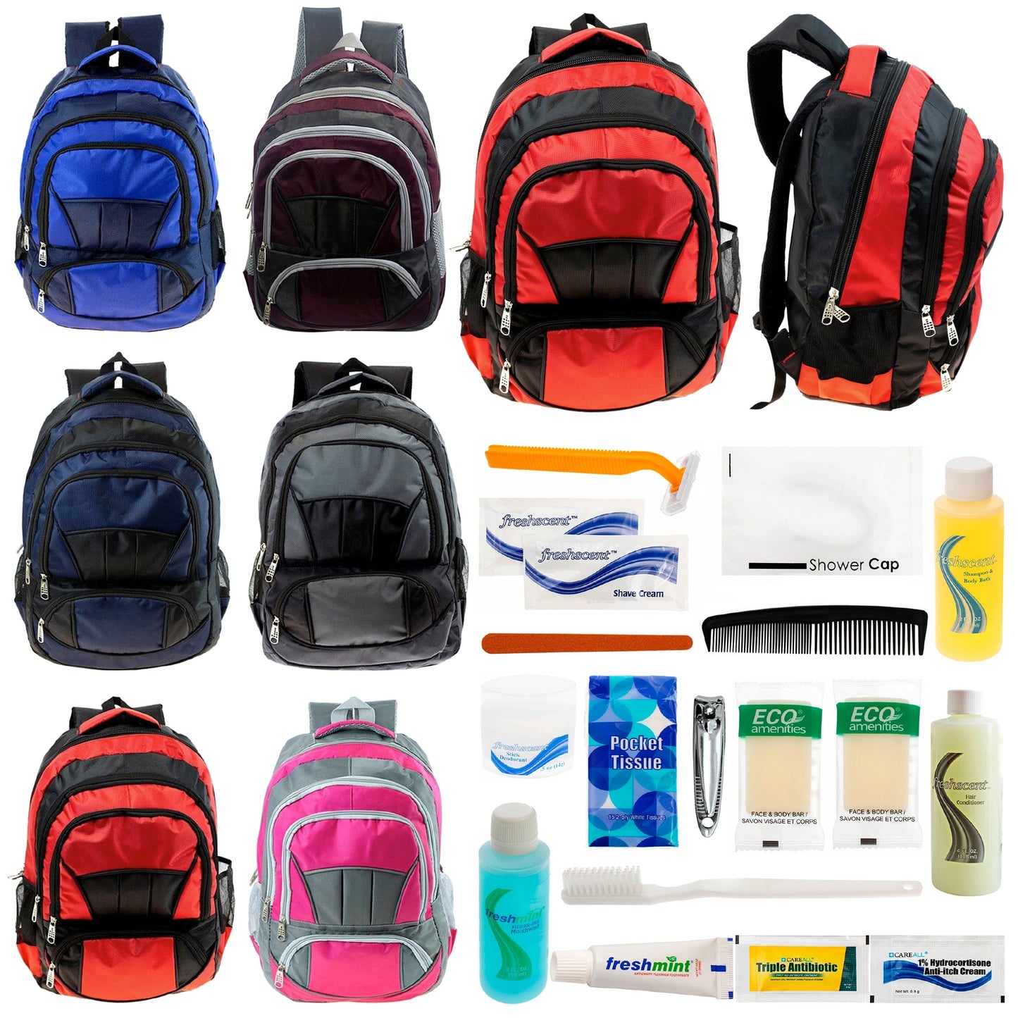 12 Premium 16 'Voll gepolsterte Rucksäcke & Ihre Wahl von 12 Bulk Hygiene Kits - Wholesale PFLEGE Package: Obdachlos, Notfall, Wohltätigkeit