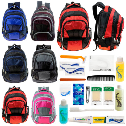 12 Premium 16 'Voll gepolsterte Rucksäcke & Ihre Wahl von 12 Bulk Hygiene Kits - Wholesale PFLEGE Package: Obdachlos, Notfall, Wohltätigkeit