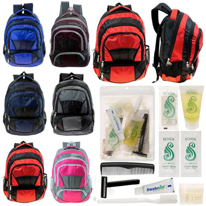 12 Premium 16 'Voll gepolsterte Rucksäcke & Ihre Wahl von 12 Bulk Hygiene Kits - Wholesale PFLEGE Package: Obdachlos, Notfall, Wohltätigkeit